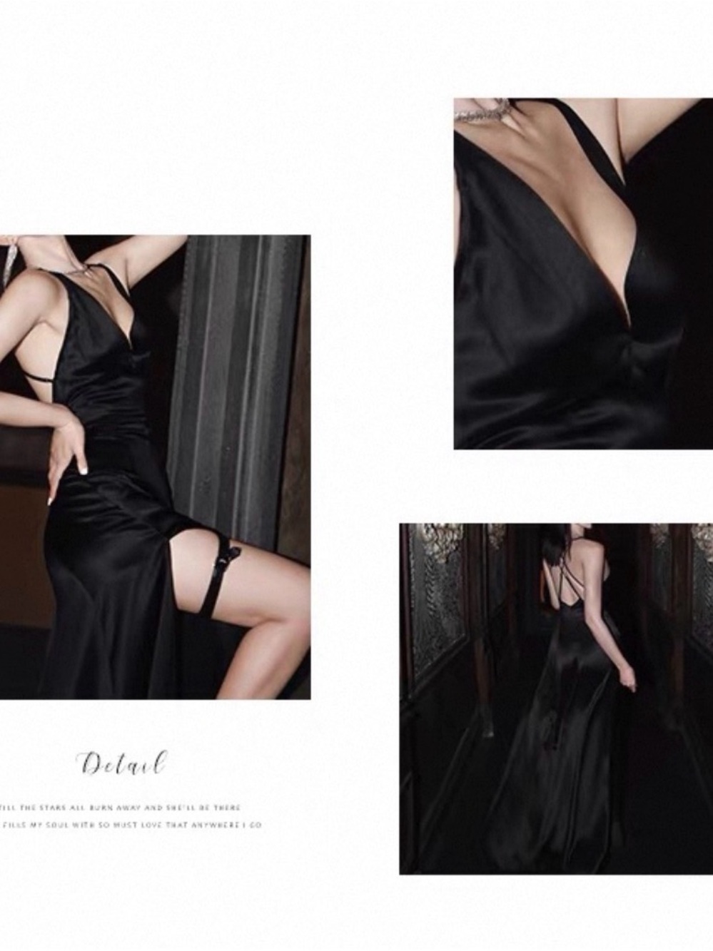 Designer 007 Elegant Black Satin Slip Dress with Leg Slit